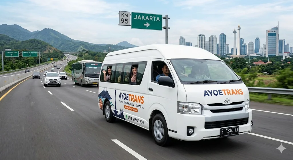 Armada travel Tasikmalaya Jakarta door to door menggunakan Toyota Hiace putih di jalan tol